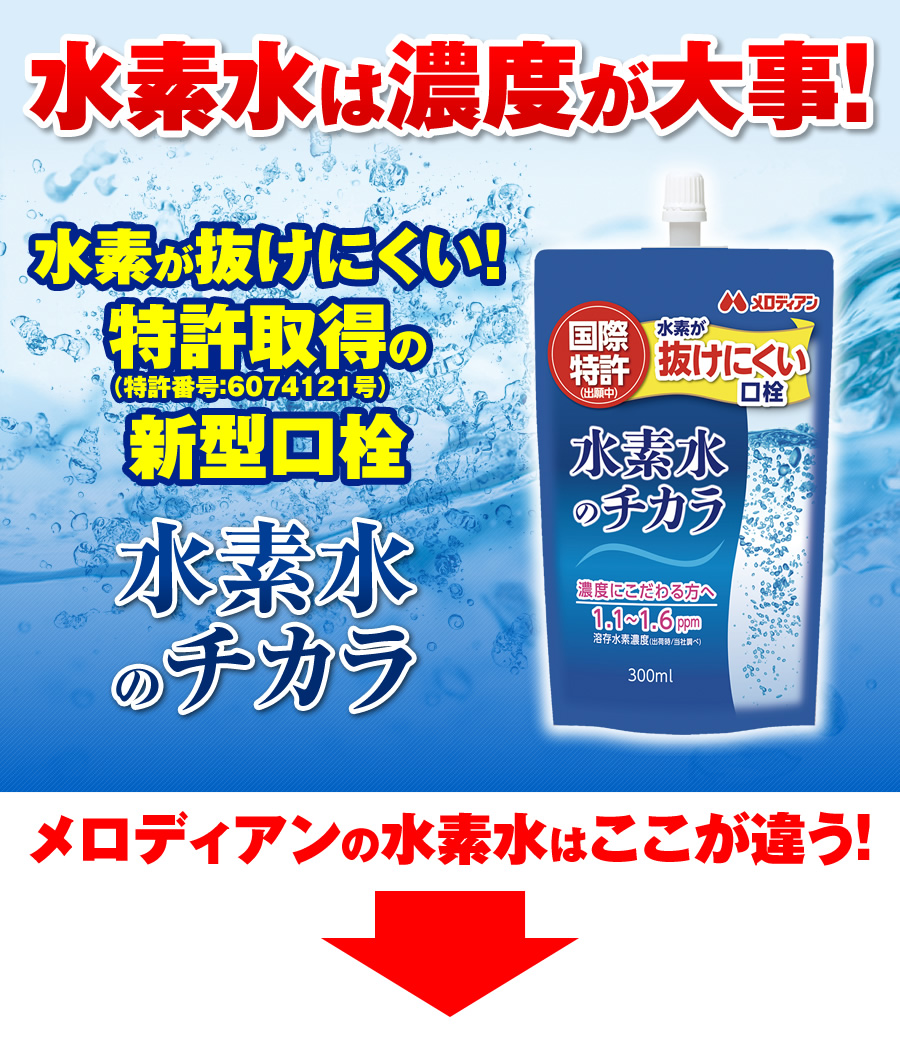 水素水は濃度が大事！,水素が抜けにくい！特許取得（特許番号：6074121号）の新型口栓,水素水の力,メロディアンの水素水はここが違う！