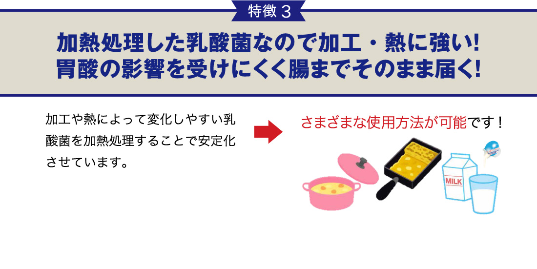 特徴3-加熱処理した乳酸菌なので加工・熱に強い!