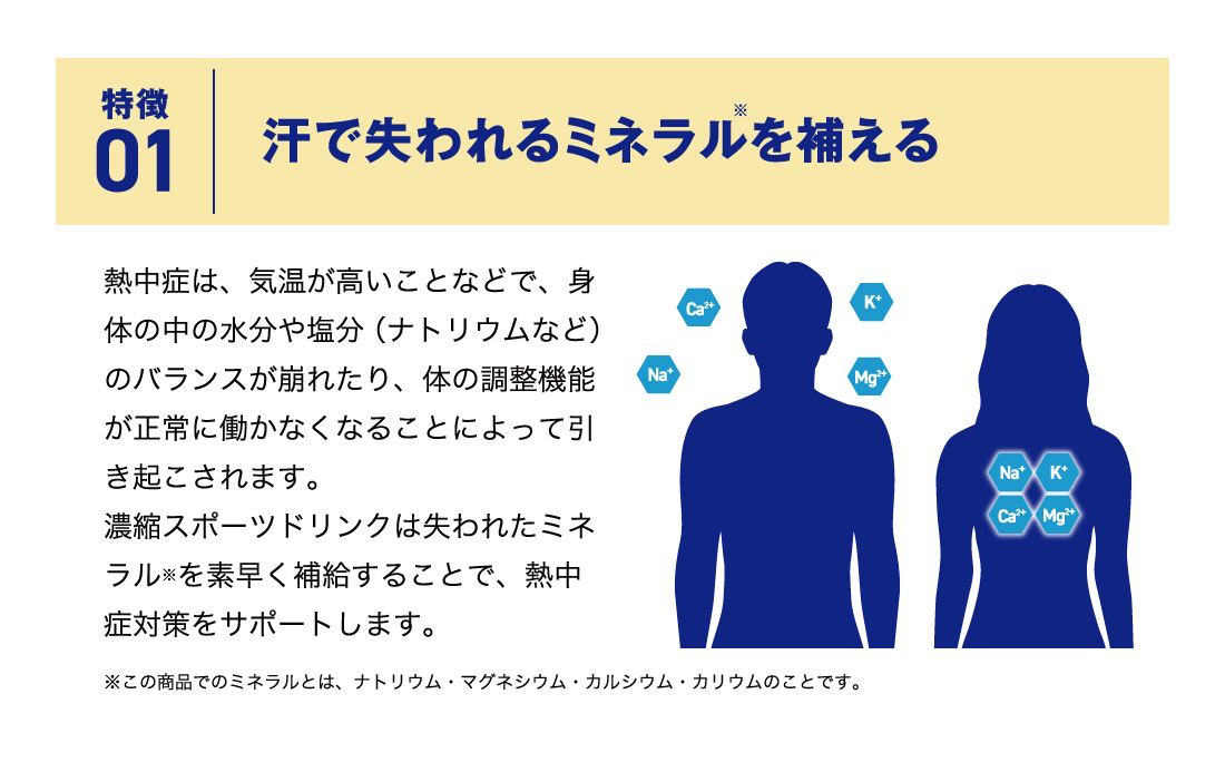 特徴01 汗で失われるミネラルを補える